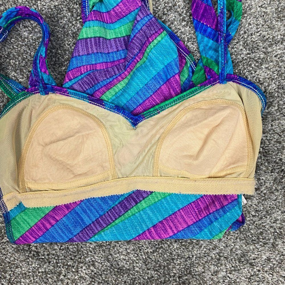 Vintage 80s Striped Multicolor Metallic Retro One Piece Swimsuit Bodysuit - Picture 5 of 9